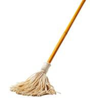 A Traditional String Mop with a Long Wooden Handle Against a Light Background png