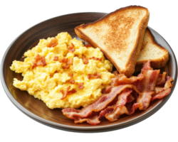 Scrambled eggs, bacon and toast on a plate png