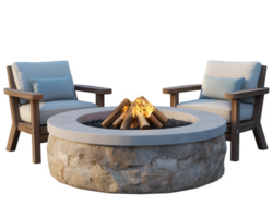 A stone fire pit with two chairs and a fire pit png