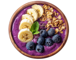 Blueberry smoothie bowl with banana, blueberries and granola on a black background png