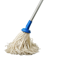 A Closeup View of a String Mop with a Blue Plastic Head and a Metal Handle png