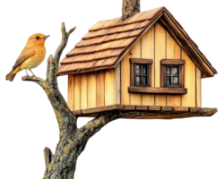 A birdhouse on a tree branch with a bird sitting on it png