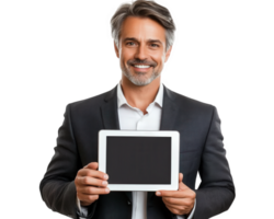 A man in a suit holding up a tablet computer png