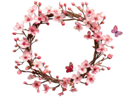 A wreath of pink flowers and butterflies png