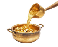 Gold pouring into a bowl on a black background png