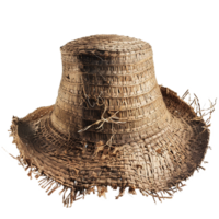 A weathered and worn woven straw hat with frayed edges showing age and use png