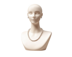 A white mannequin head with pearls on a black background png