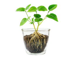 A plant with roots in a glass with dirt png