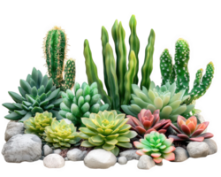 A group of succulents and cacti in a planter png