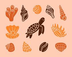 Hand-drawn collage set of ocean element silhouettes in orange and brown tones, including turtle, shells, coral, and clam with pearl, ideal for marine decor, beach designs, and underwater themes vector