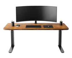 The desk is made from wood and has a monitor and keyboard png