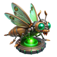 stunning artistic A steampunk insect with metallic wings and glowing eyes, perched on a gear, lit by a bioluminescent green light, in a highly detailed, realistic style high resolution png