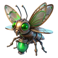 vibrant creative A steampunk insect with metallic wings and glowing eyes, perched on a gear, lit by a bioluminescent green light, in a highly detailed, realistic style 4K png