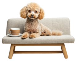 A poodle sitting on a couch with a cup of coffee png