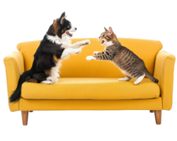 A dog and cat playing on a couch png