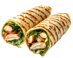Two wraps with chicken and spinach on a black background png