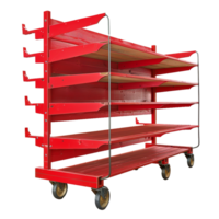 Vintage Red Wooden and Metal MultiShelf Rolling Cart with Wheels and Side Hooks png