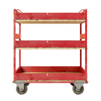 Rustic Red ThreeTiered Wooden Cart with Metal Frame and Wheels png
