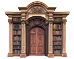 An old wooden door with bookshelves in front of it png