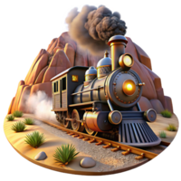 beautiful rustic A steampunk train speeding through a desert landscape, with billowing steam and glowing headlights, lit by a dramatic, cinematic style high resolution png