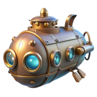 vibrant classic A steampunk submarine exploring the depths of the ocean, with glowing portholes and intricate brass details, lit by an underwater glow, in a mysterious, adventurous style detailed png