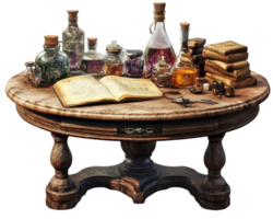 A table with bottles and books on it png