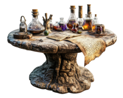 A table with bottles and other items on it png