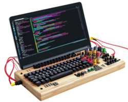 A wooden computer with a keyboard and mouse png