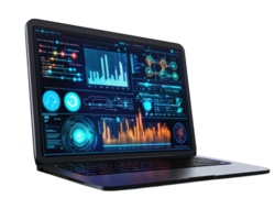 A laptop computer with a digital dashboard on the screen png