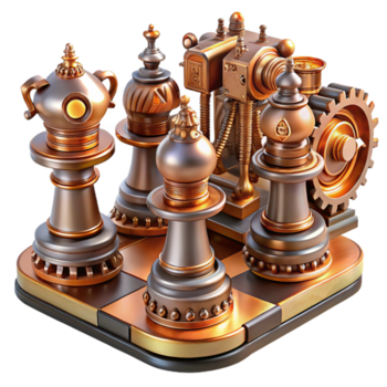 imponerande modern en steampunk schack uppsättning med invecklat designad bitar liknar robotar och automater, belyst förbi en mjuk, värma ljus, i en i hög grad detaljerad, realistisk stil detaljerad png