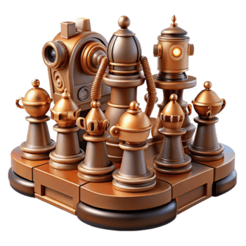 skön minimalistisk en steampunk schack uppsättning med invecklat designad bitar liknar robotar och automater, belyst förbi en mjuk, värma ljus, i en i hög grad detaljerad, realistisk stil exklusiv png