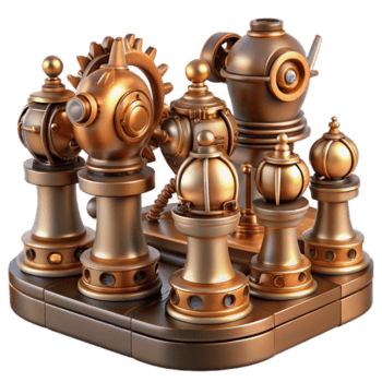 magnifik traditionell en steampunk schack uppsättning med invecklat designad bitar liknar robotar och automater, belyst förbi en mjuk, värma ljus, i en i hög grad detaljerad, realistisk stil 4k png