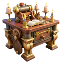 wonderful artistic A steampunk writing desk with intricate gears and levers, adorned with quills and inkwells, lit by a warm, inviting light, in a classic, vintage style high resolution png