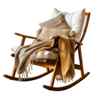 Cozy Wooden Rocking Chair with Soft Blankets and Pillows in a Relaxing Room Setting png
