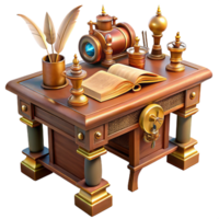 vibrant creative A steampunk writing desk with intricate gears and levers, adorned with quills and inkwells, lit by a warm, inviting light, in a classic, vintage style original png