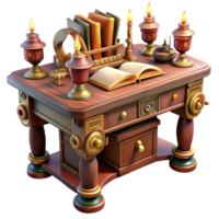 magnificent rustic A steampunk writing desk with intricate gears and levers, adorned with quills and inkwells, lit by a warm, inviting light, in a classic, vintage style premium png