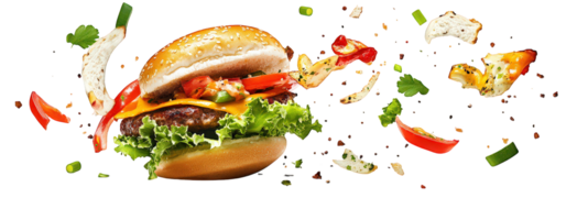 A hamburger with toppings flying out of it png