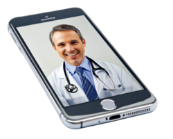 A doctor's face is displayed on a smartphone png