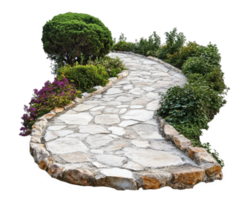 A stone path with flowers and shrubs png