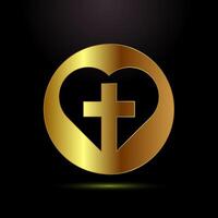 Christian cross icon design, Religion sign. Holy cross symbol in gold color style vector