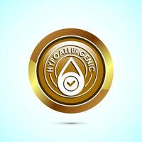 Hypoallergenic tested icon design illustration. Cosmetic certification label, Hypoallergenic icon sign, Gold color round button design vector