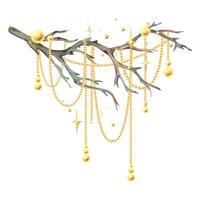 Golden beads hanging on a brown dry tree branch with sparkling stars. New Year, Christmas watercolor illustration hand drawn. Composition, sublimation, arrangement isolated from the background vector