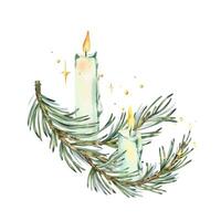 Burning white candles placed on pine branches with twinkling stars and lights. New Year, Christmas watercolor illustration, hand drawn. Composition, arrangement, sublimation isolated from background vector