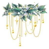 Golden beads hanging on snowberry branches with sparkling stars. New Year, Christmas watercolor illustration hand drawn. Composition, sublimation, arrangement isolated from background vector