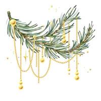 Golden beads hanging on a green pine branch with sparkling stars. New Year, Christmas watercolor illustration hand drawn. Composition, sublimation, arrangement isolated from the background vector