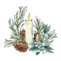 Burning white candle decorated with snowberry, pine branches and cones. New Year, Christmas watercolor illustration, hand drawn. Composition, arrangement, sublimation isolated from background vector