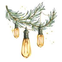 Retro Edison bulbs shine hanging on wires on pine branch with sparkling stars. New Year, Christmas watercolor illustration hand drawn. Composition, sublimation, arrangement isolated from background vector