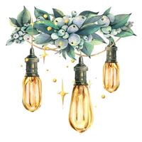 Retro Edison bulbs shine hanging on wires with snowberry and sparkling stars. New Year, Christmas watercolor illustration hand drawn. Composition, sublimation, arrangement isolated from background vector