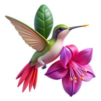 dramatic abstract A delicate hummingbird hovering near a vibrant fuchsia flower, bathed in the soft, diffused light of a cloudy day, in a detailed, botanical illustration style professional png