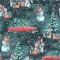 New Year, Christmas, seamless pattern with a red retro car, Christmas trees, hares, snowmen, snow on a dark blue one. Watercolor illustration from a large set of COZY WINTER. For fabric, textiles. vector